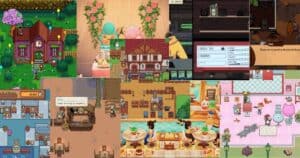 A collage of various cozy video game scenes, including cafes, houses, restaurants, and characters interacting in colorful, inviting environments.
