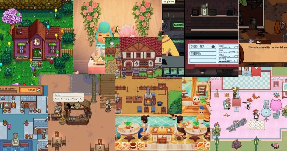 A collage of various cozy video game scenes, including cafes, houses, restaurants, and characters interacting in colorful, inviting environments.