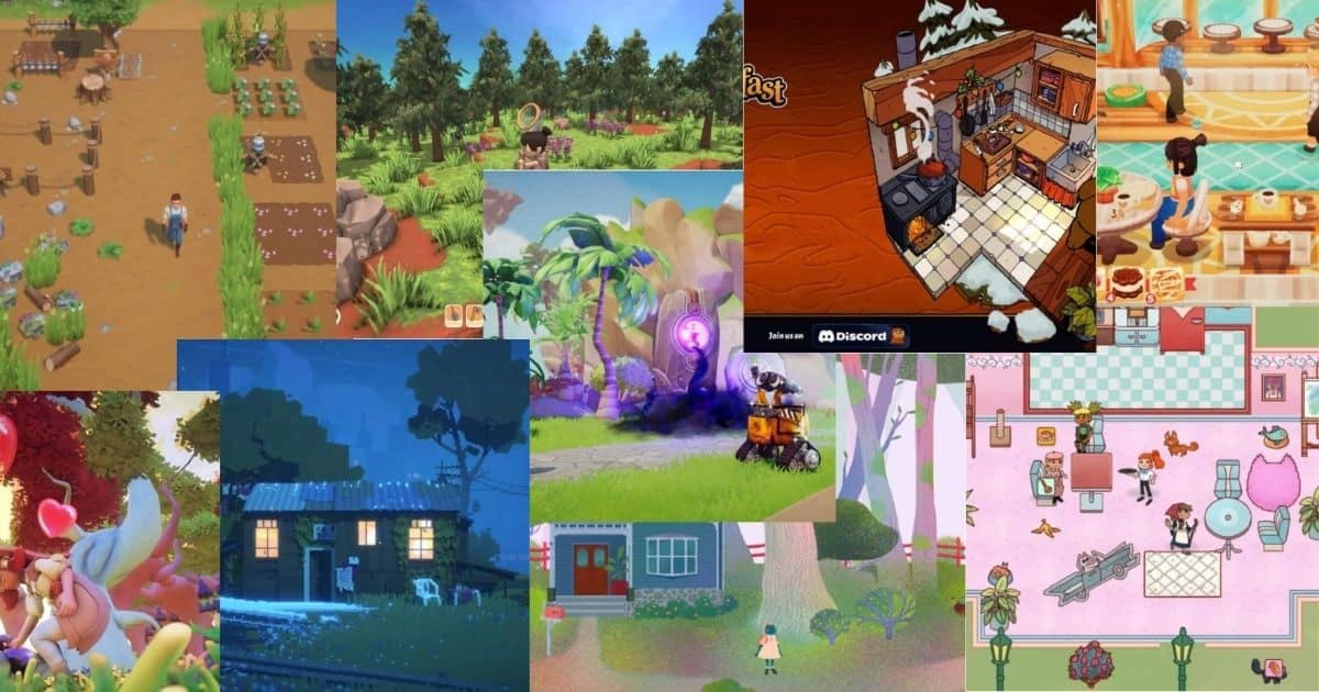 A collage of various colorful video game scenes, including farming, cooking, fantasy landscapes, and cozy indoor and outdoor settings with characters and objects.