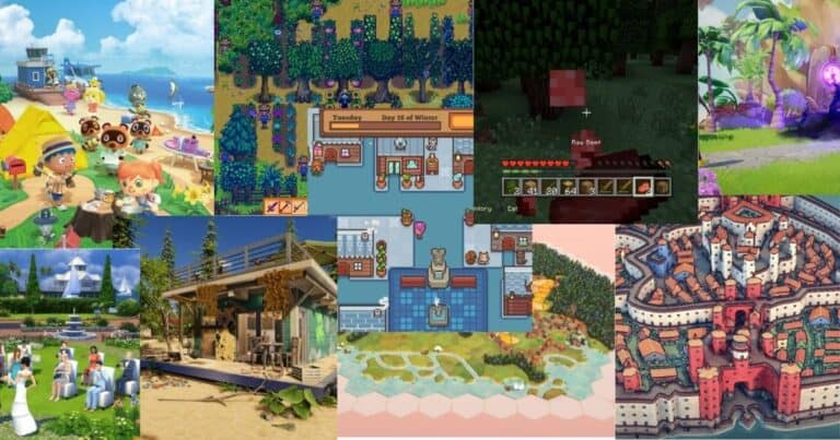 A collage of screenshots from various simulation and farming video games, including scenes of farming, building, and interacting with characters.