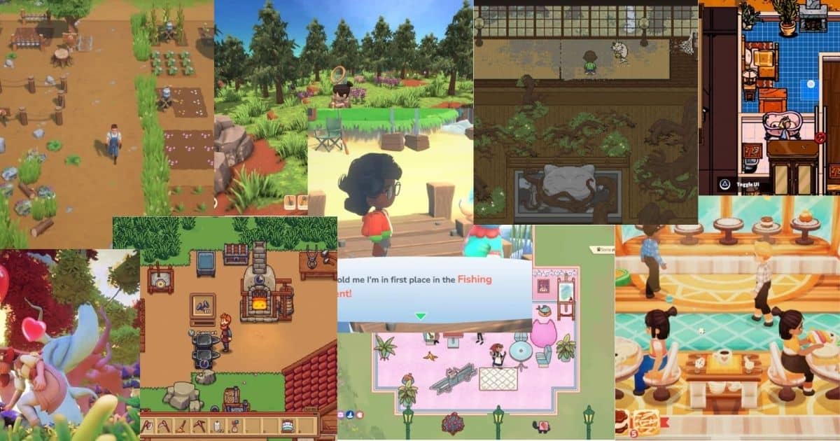 A collage of video game scenes featuring farming, fishing, cooking, crafting, and restaurant management activities in colorful, animated environments.