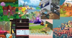 A collage of various colorful video game scenes, including houses, landscapes, kitchens, markets, and a coastal village.