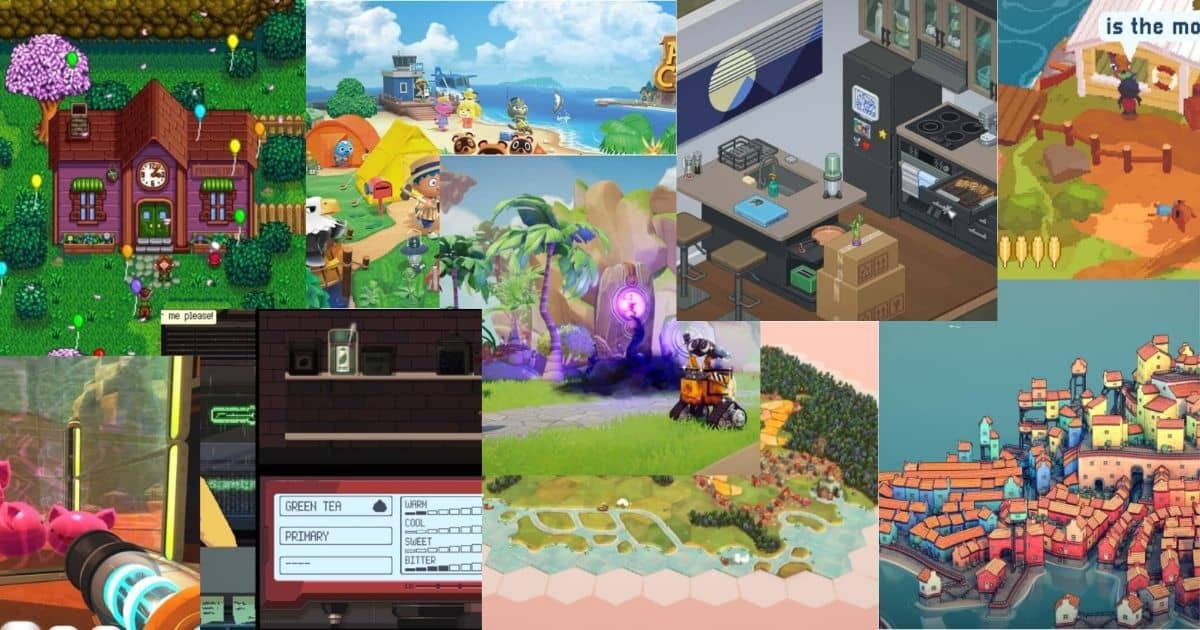 A collage of various colorful video game scenes, including houses, landscapes, kitchens, markets, and a coastal village.