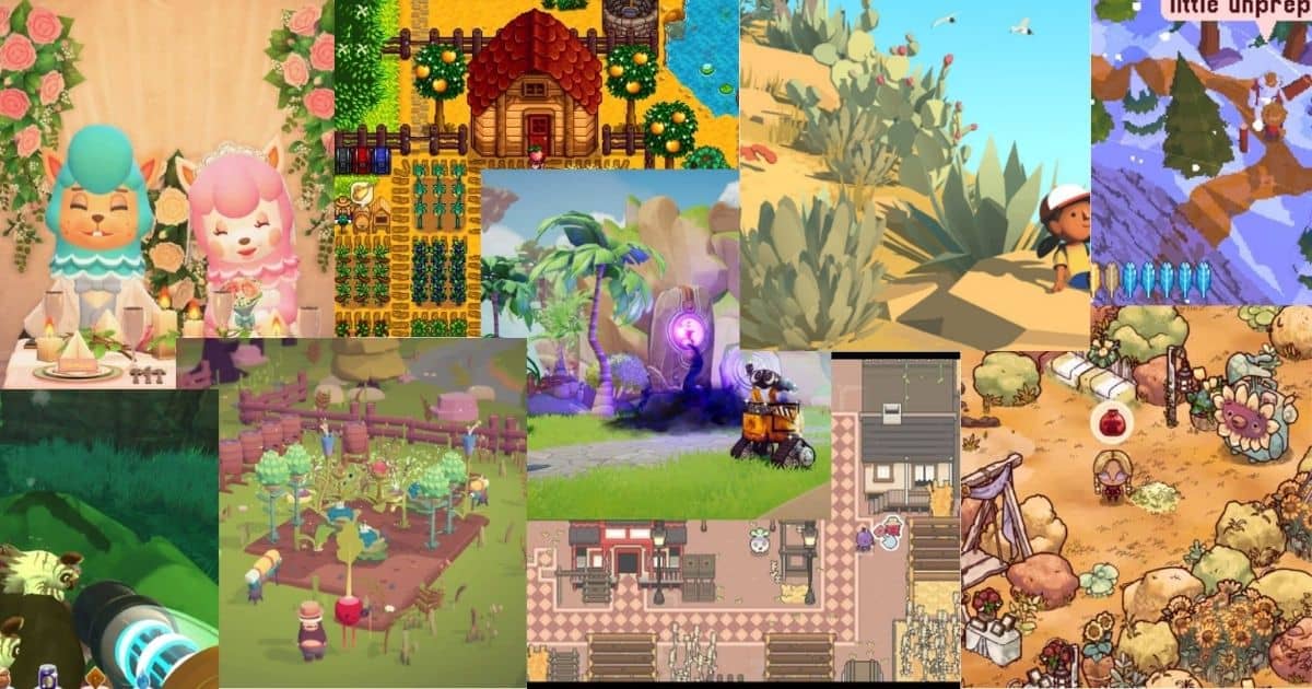 A collage of various farming and life simulation video games, featuring colorful landscapes, crops, characters, animals, and cozy rural settings.