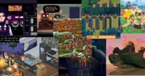 Collage of various indie video game scenes, featuring pixel art, cartoon characters, farm landscapes, and indoor room settings.