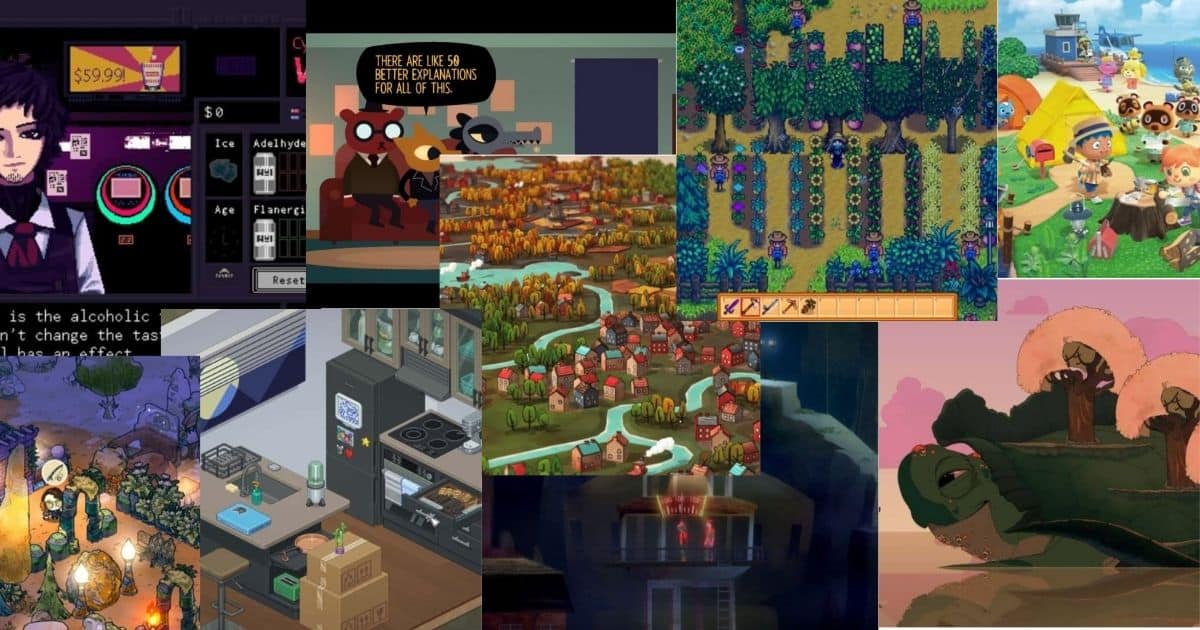 Collage of various indie video game scenes, featuring pixel art, cartoon characters, farm landscapes, and indoor room settings.