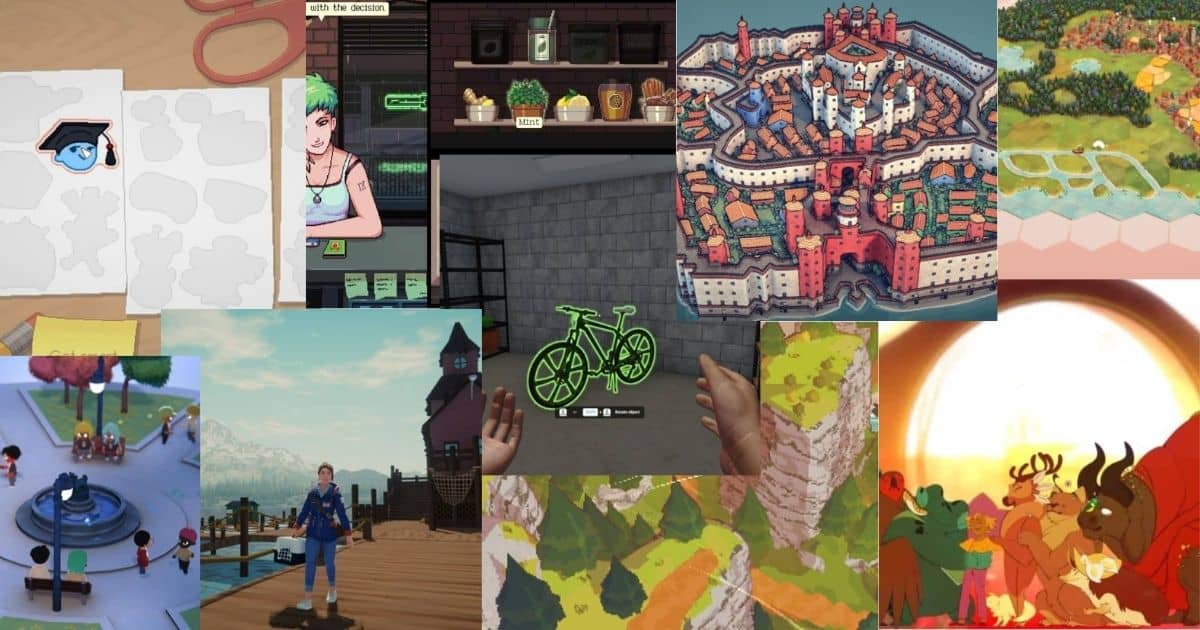 Collage of various video game screenshots featuring different art styles, environments, and characters, including a city map, a green bicycle, a school, and animated animals.