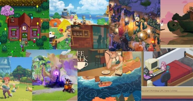 A collage of colorful video game scenes featuring outdoor landscapes, characters, a café, pixel art rooms, and various fantasy or cozy settings.
