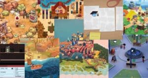 A collage of various colorful, cartoon-style video game scenes, including towns, maps, characters, and outdoor settings.
