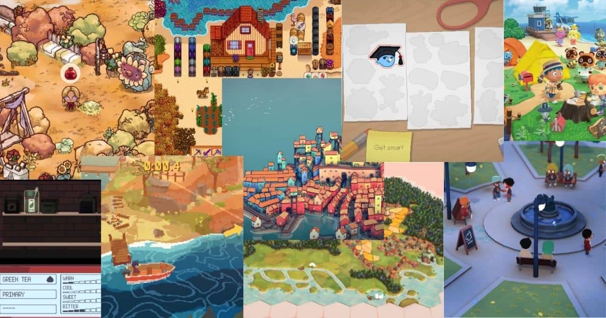 A collage of various colorful, cartoon-style video game scenes, including towns, maps, characters, and outdoor settings.