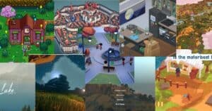 A collage of various cozy video game scenes, including pixel art houses, towns, nature landscapes, and indoor settings, showcasing diverse environments and art styles.
