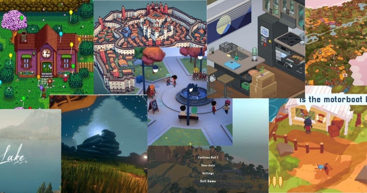 A collage of various cozy video game scenes, including pixel art houses, towns, nature landscapes, and indoor settings, showcasing diverse environments and art styles.