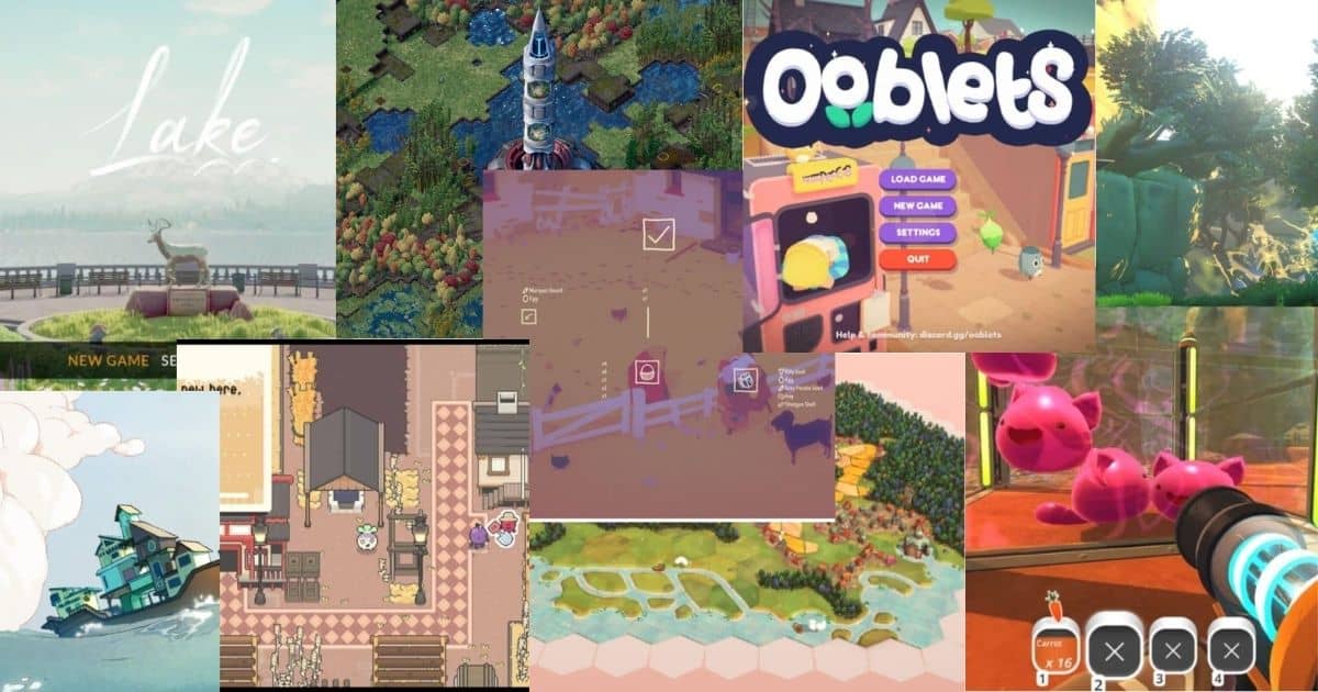 A collage of colorful screenshots from various indie video games, showing different game menus, landscapes, and characters in distinct art styles.
