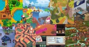 A collage of colorful video game scenes, featuring various landscapes, buildings, characters, and interfaces from different simulation and adventure games.