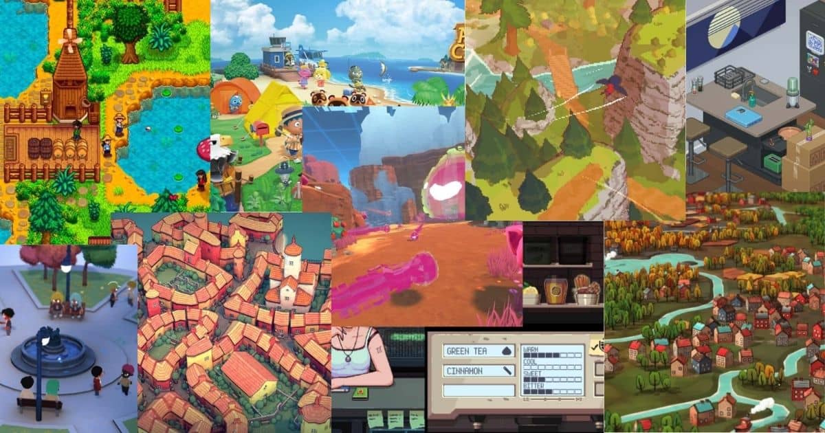 A collage of colorful video game scenes, featuring various landscapes, buildings, characters, and interfaces from different simulation and adventure games.