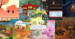 A collage of various video game scenes featuring pixel art landscapes, buildings, characters, menus, and objects in bright and colorful styles.