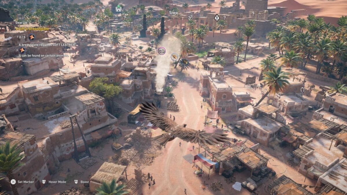A bird flies over a sunlit desert town with buildings, palm trees, and people below; game interface icons are visible on the screen.