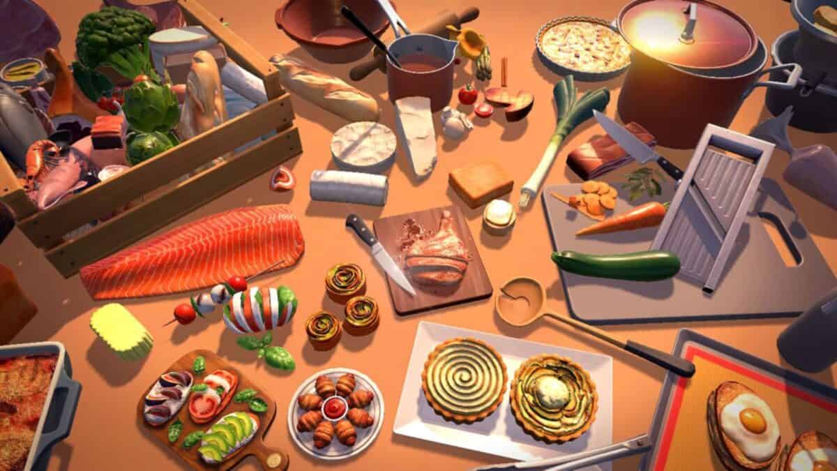 An assortment of fresh ingredients, cooking utensils, and prepared dishes arranged on a kitchen countertop.