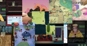 A collage of various indie video game scenes, featuring diverse environments, characters, menus, and dialogue boxes in different art styles.