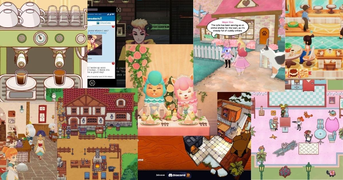 A collage of cozy, pastel-themed video game scenes featuring characters in cafes, kitchens, and farms, with coffee machines, food preparation, and casual social interactions.
