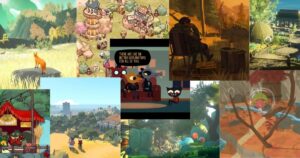 A collage of various scenes from animated and illustrated video games, featuring animals, landscapes, characters, and cozy outdoor and indoor settings.