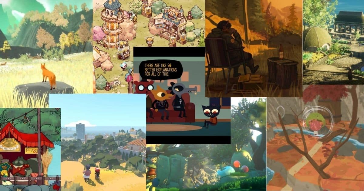 A collage of various scenes from animated and illustrated video games, featuring animals, landscapes, characters, and cozy outdoor and indoor settings.