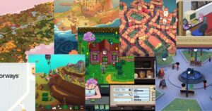 A collage of various cozy video game scenes, including illustrated landscapes, towns, buildings, characters, and user interfaces in different art styles.