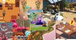 A collage of various cozy video game scenes, including farming, crafting, exploring, colorful landscapes, and character interactions in bright, inviting environments.