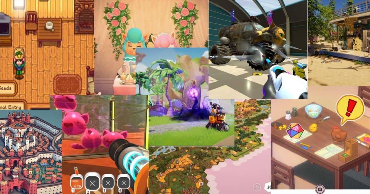 A collage of various cozy video game scenes, including farming, crafting, exploring, colorful landscapes, and character interactions in bright, inviting environments.