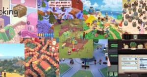 A collage of colorful video game scenes featuring farming, village layouts, character interactions, and menus from various simulation and management games.