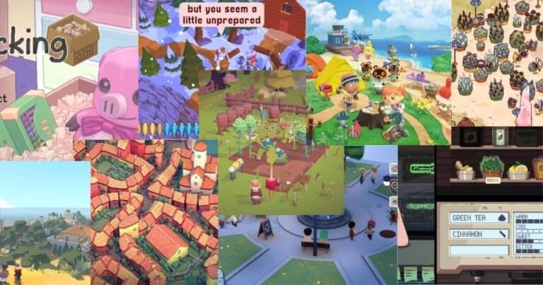 A collage of colorful video game scenes featuring farming, village layouts, character interactions, and menus from various simulation and management games.