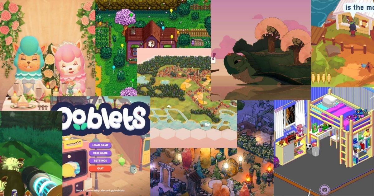 A collage of colorful screenshots from various cozy, whimsical video games, featuring characters, homes, landscapes, and game menus in a cute, cartoon-like art style.