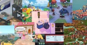 A collage of colorful scenes from various indie video games, featuring characters, landscapes, buildings, a digital camera, and a mix of outdoor and indoor environments.