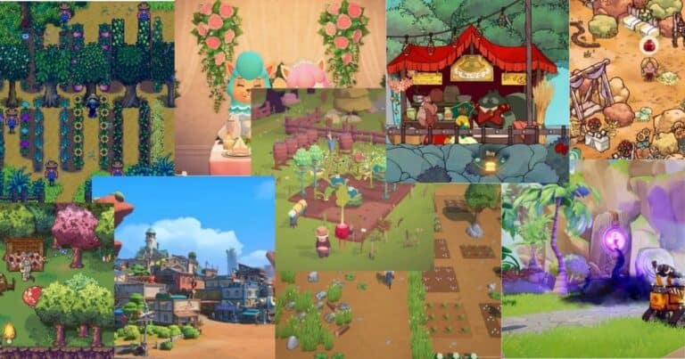 A collage of colorful farming and life simulation video game scenes, featuring gardens, crops, characters, animals, markets, and fantasy landscapes.