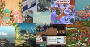 A collage of various cozy video games, featuring colorful characters, villages, nature scenes, and game menus, with a mix of isometric and cartoon art styles.