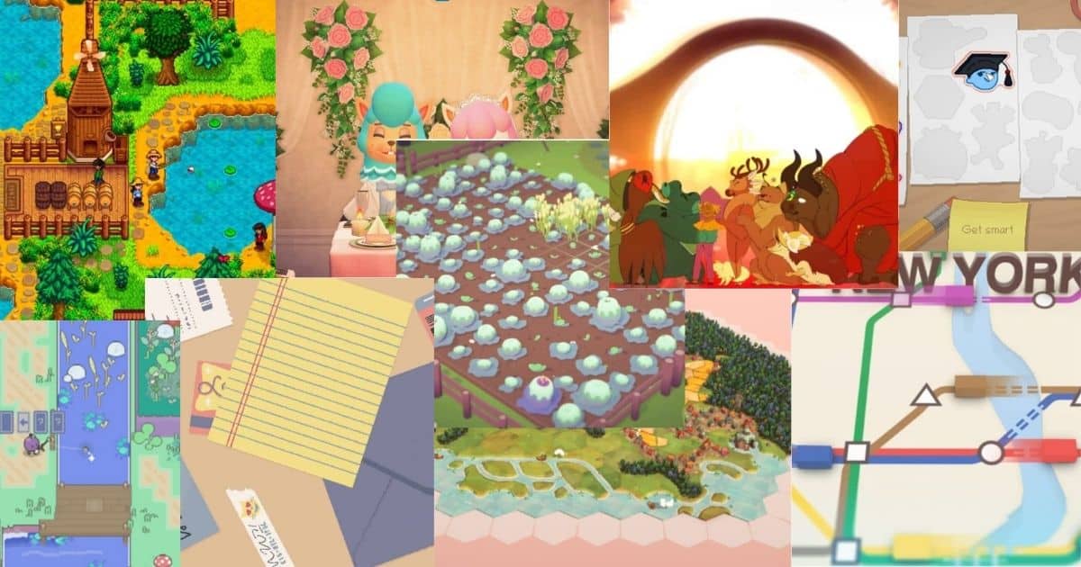 A collage of various video game scenes and maps, including cartoon characters, fantasy landscapes, and stylized diagrams.