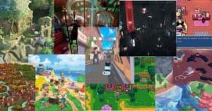 A collage of various video game scenes featuring cityscapes, rural towns, fantasy landscapes, characters, and colorful animated environments.