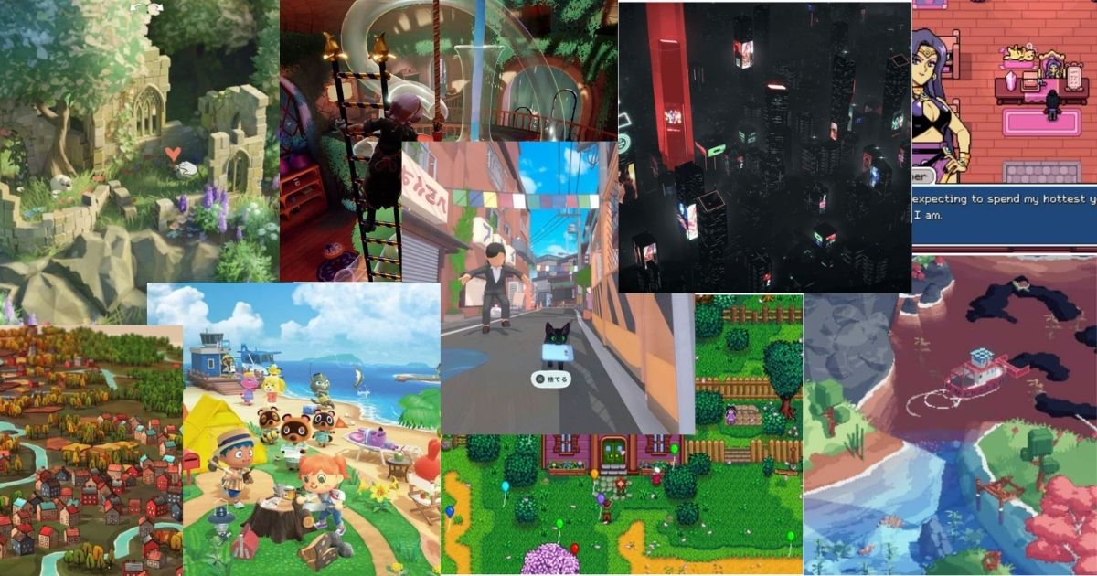 A collage of various video game scenes featuring cityscapes, rural towns, fantasy landscapes, characters, and colorful animated environments.