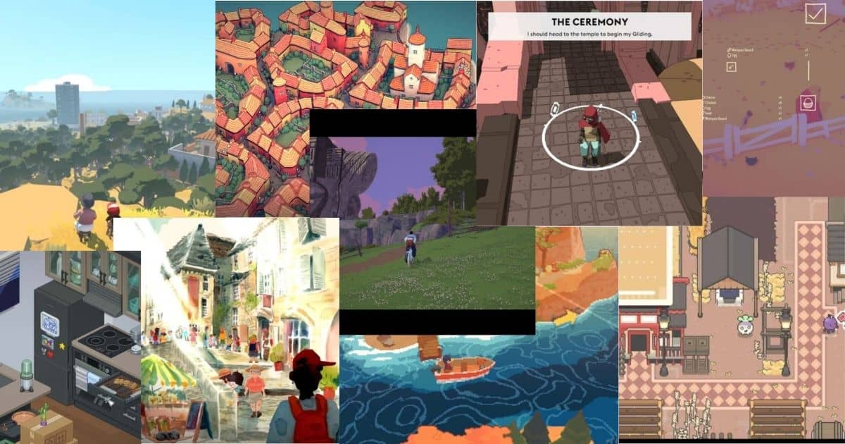 A collage of various video game scenes, including outdoor landscapes, city streets, interior rooms, and characters in colorful, stylized, and pixel art environments.