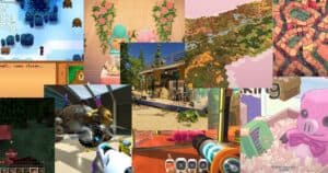 A collage of colorful video game scenes, including farming, crafting, gardening, virtual reality, animals, and various animated characters in diverse environments.