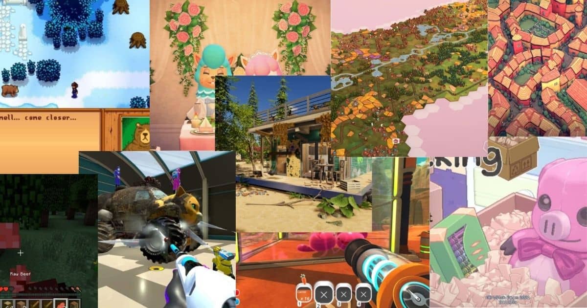 A collage of colorful video game scenes, including farming, crafting, gardening, virtual reality, animals, and various animated characters in diverse environments.