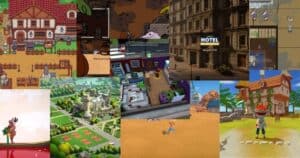 A collage of various video game scenes featuring cottages, castles, fields, hotel renovation, and animated characters in colorful environments.