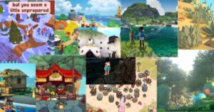 A collage of various video game scenes featuring colorful outdoor environments, characters, and animals in different art styles.