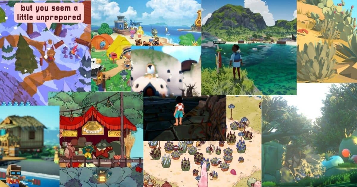A collage of various video game scenes featuring colorful outdoor environments, characters, and animals in different art styles.