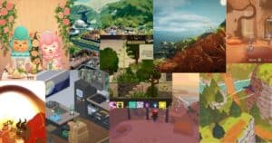 A collage of various colorful video game scenes, including characters, landscapes, and buildings, each with a distinct art style and setting.