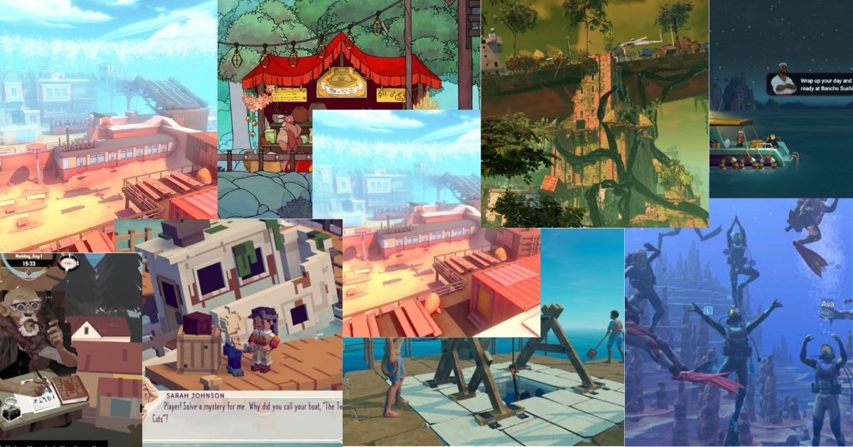 A collage of various video game screenshots features colorful landscapes, characters, dialogue boxes, ocean scenes, and stylized environments.