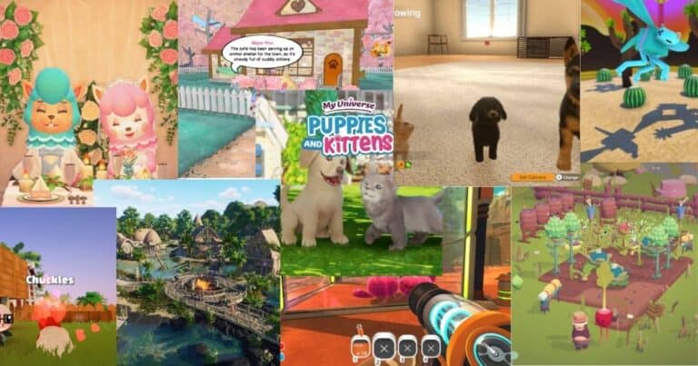 A collage of various pet and animal-themed video games, featuring colorful animals, outdoor and indoor settings, and game logos.