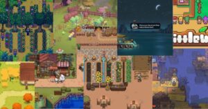 A collage of pixel art farming and life simulation game scenes, showing gardens, farms, characters, and nighttime fishing.