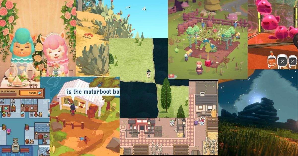 A collage of various colorful, stylized video game scenes, featuring characters, landscapes, buildings, and farming elements in a cartoon-like art style.