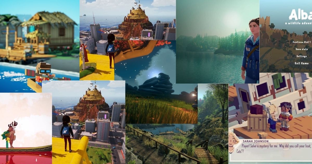 A collage of various video game scenes, including landscapes, characters, dialogue boxes, and menu screens from different adventure or exploration games.